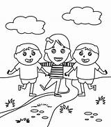 Children Walking Coloring Page Pages sketch template