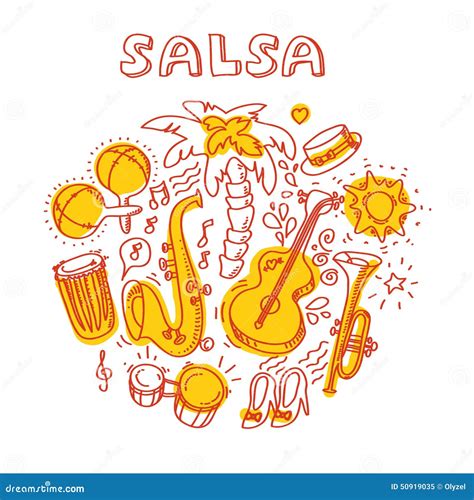 Salsa Music And Dance Illustration With Musical Instruments, Palms, Etc Stock Illustration ...