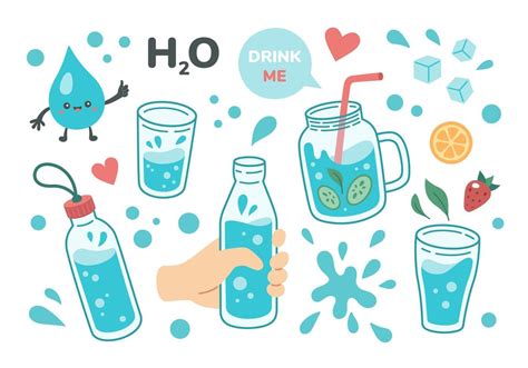 Drink more water concept, drinking water in mug, glass bottle. Set of various bottles, glasses ...