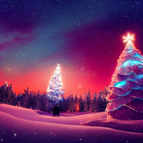 Winter Christmas Landscape. Magical Fairy Light. Christmas Tree. Winter Starry Sky Stock ...