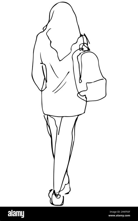 black and white vector sketch of a girl with a backpack goes Stock ...