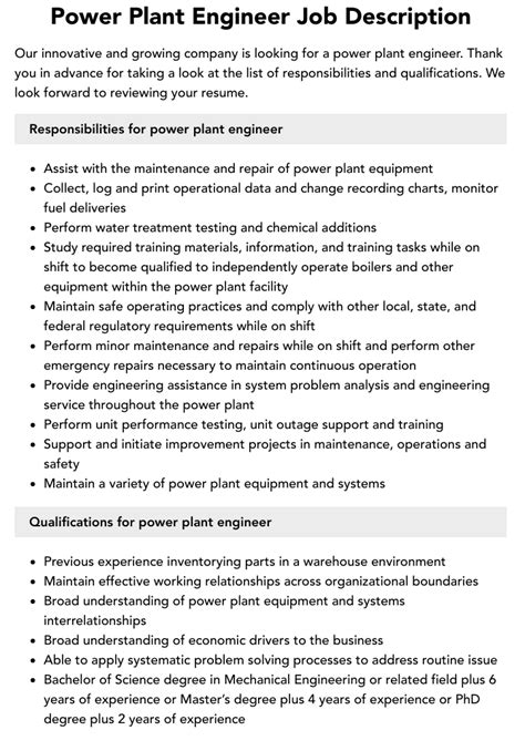 Power Plant Engineer Job Description | Velvet Jobs