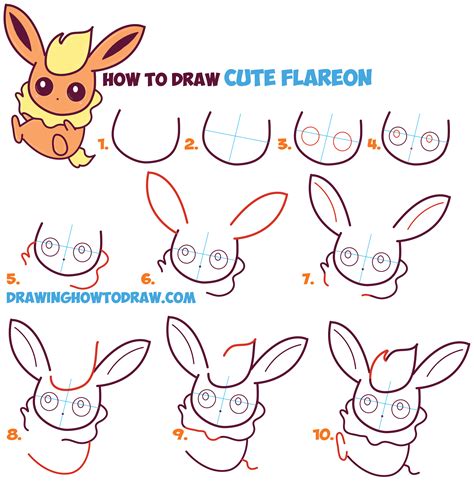 How to Draw Flareon in Cute / Kawaii / Chibi / Baby Style from Pokemon - Easy Step by Step ...