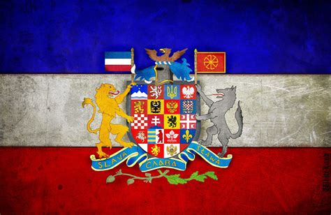 the coat of arms and two lions on a red, white, and blue background