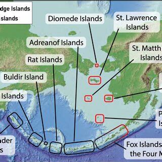 Map of the Bering Sea Basin indicating the major island groups ...