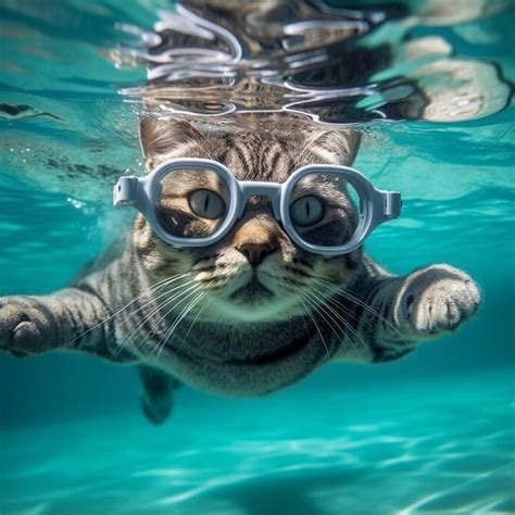 Premium Photo | A cat swimming underwater with goggles on