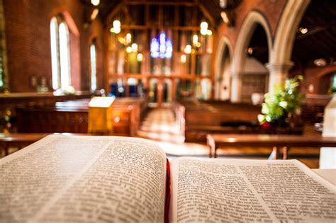 Open Bible On Altar Inside Anglican Church Stock Photo - Download Image ...