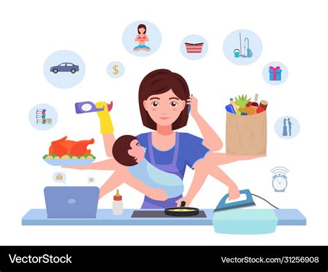 Cartoon character multitasking busy mom Royalty Free Vector