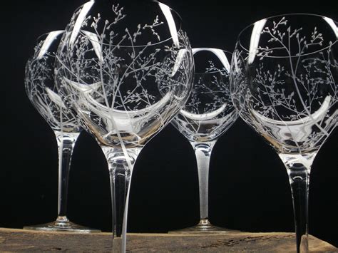 4 Red Wine Glasses Hand Engraved Crystal Glass 'Branches