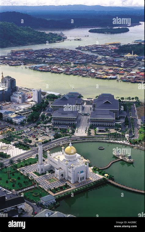 BRUNEI Bandar Seri Begawan Aerial view of the capital with the Omar Ali Saifuddien Mosque Bandar ...