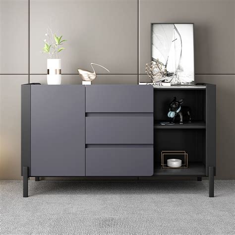 Gray Modern Minimalist Sideboard Buffet Stone Top Sideboard Cabinet ...