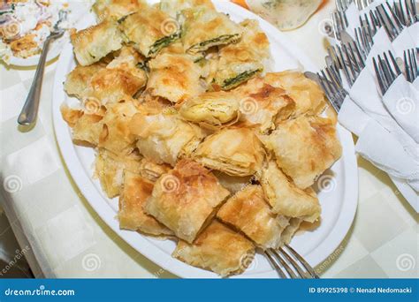 Traditional Serbian Cheese Pie Gibanica and Spinach Pie in Plate Stock Photo - Image of ...