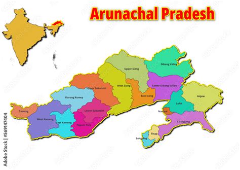 Map of Arunachal Pradesh State district with names of regions. Vector ...