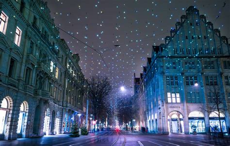 Wallpaper winter, night, lights, street, Switzerland, garland ...