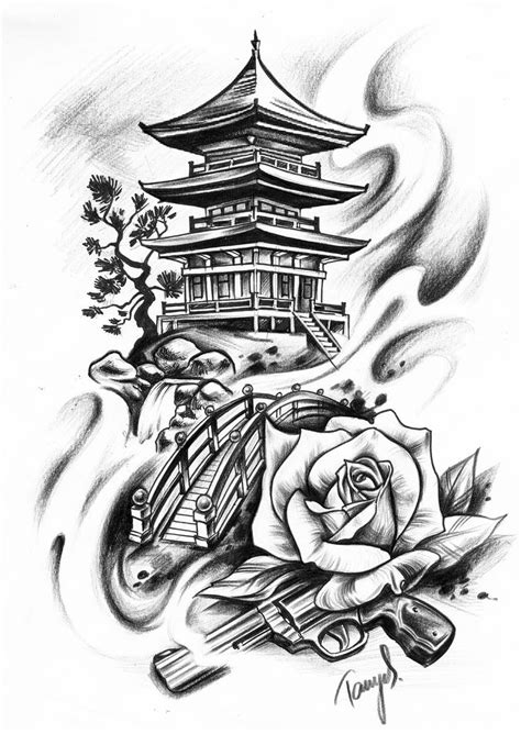 Japanisches Motiv Japan Haus Tempel Tattoo Design Grafik | Japanese ...