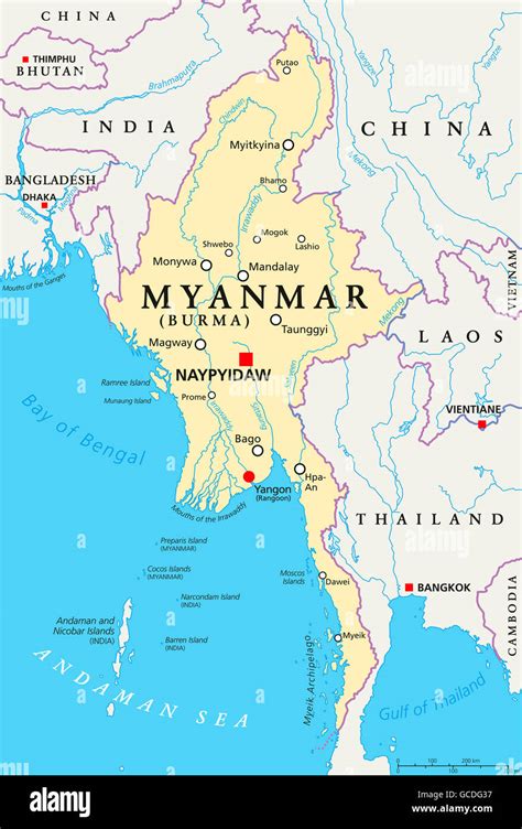 Myanmar political map with capital Naypyidaw, national borders ...