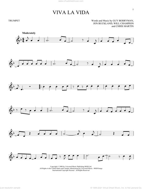 Viva La Vida sheet music for trumpet solo (PDF-interactive)