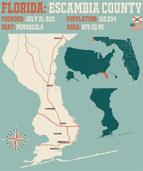 Map of Escambia County in Florida Stock Vector - Illustration of cartography, education: 178603959