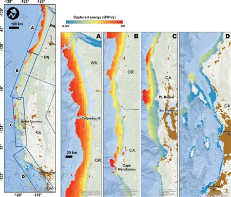 Maps of InVEST predicted captured wave energy (GWh/y) per Pelamis wave ...