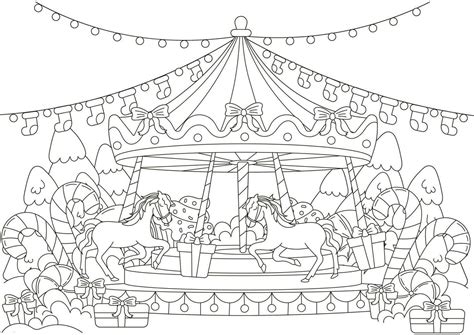 Christmas coloring page with merry-go carousel with christmas ...