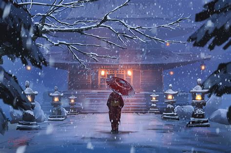 Anime, Original, Girl, Lantern, Snow, Umbrella, Winter, HD wallpaper ...