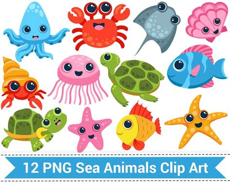 Sea Animal Clipart, Sea Creatures Clip Art, Fish, Turtle, Starfish, Crab, Octopus, Cute Ocean ...