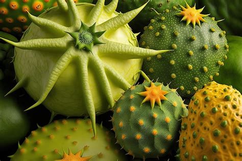 Premium AI Image | With fresh green fruit coated with horn like spines horned melon Cucumis ...