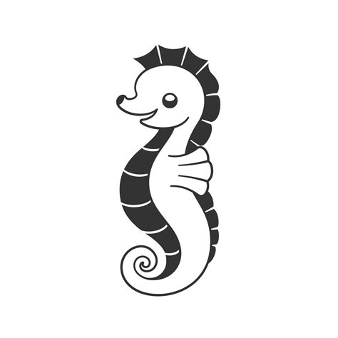 Cute happy seahorse cartoon character. Black and white clip art vector ...