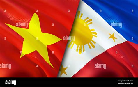 Vietnam and Philippines flags with scar concept. Waving flag,3D rendering. Vietnam and ...