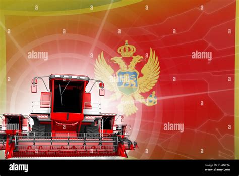 Farm machinery modernisation concept, red modern farm combine harvesters on Montenegro flag ...