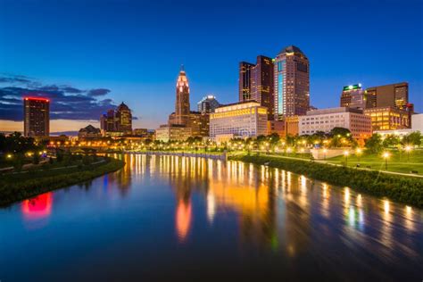 The Scioto River and Columbus Skyline at Night, in Columbus, Ohio ...