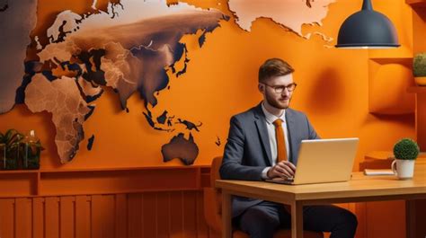 Premium Photo | Travel agency worker in orange suit World map on the wall Travel agency office AI