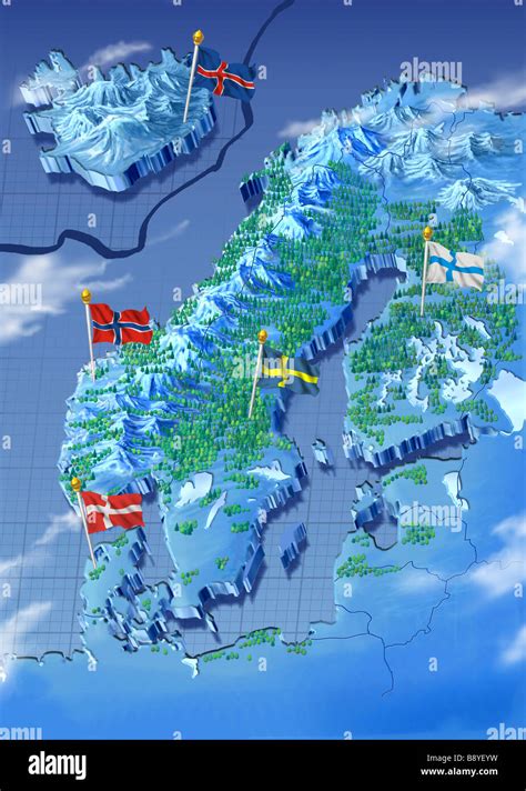 Painted map with the nordic countries, Sweden, Norway, Finland Stock ...