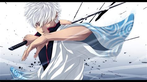 Sakata Gintoki, male, white hair, anime, katana, gin tama, weapon ...