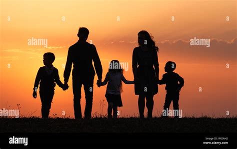 Silhouettes of happy family holding the hands in the meadow during sunset. Happy family enjoying ...