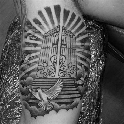 Mens Bicep Heaven Gates Dove Tattoo With Sun Rays Stairway To Heaven ...