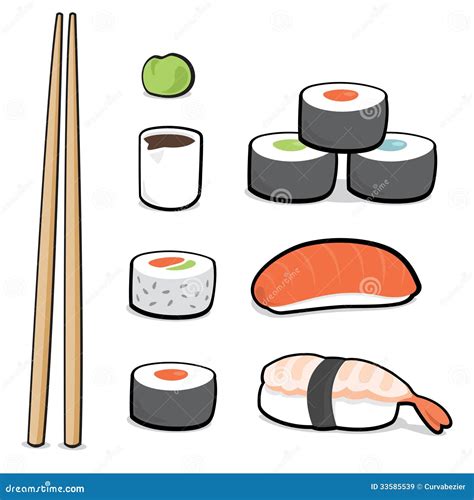 Cartoon sushi set stock illustration. Image of meal, rice - 33585539