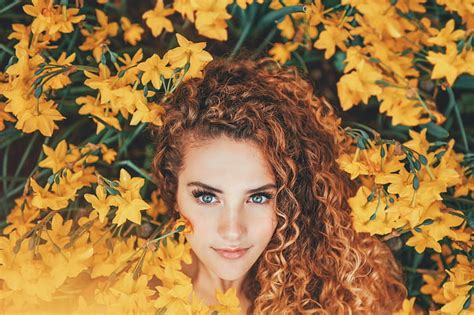 HD wallpaper: women, women outdoors, yellow flowers, Sofie Dossi, blue ...