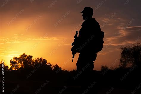 A black silhouette of an american soldier patrolling the sunset Stock Illustration | Adobe Stock