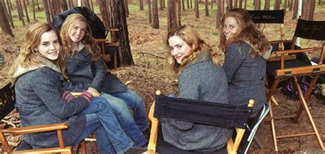 Emma Watson With Her Stunt Doubles On The Set Of Harry Potter | Harry potter movies, Harry ...