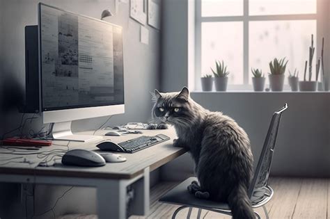 Premium AI Image | A cat sits at a desk in front of a window with a ...