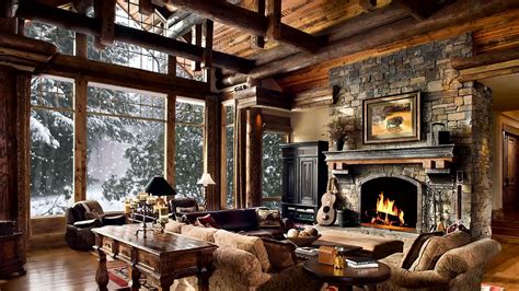 Cozy Cabin With Crackling Fireplace and Snow Outside - Winter Ambience ...