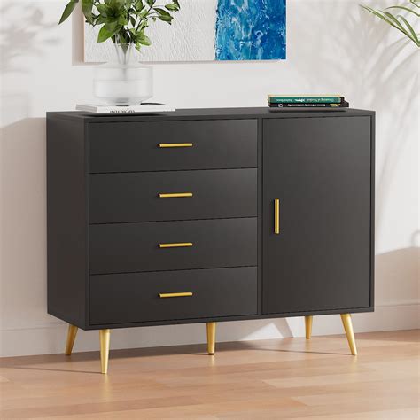 Buy LYNSOM Black Storage Cabinet with 4 Drawers, Free Standing Sideboard Cabinet with Door and ...