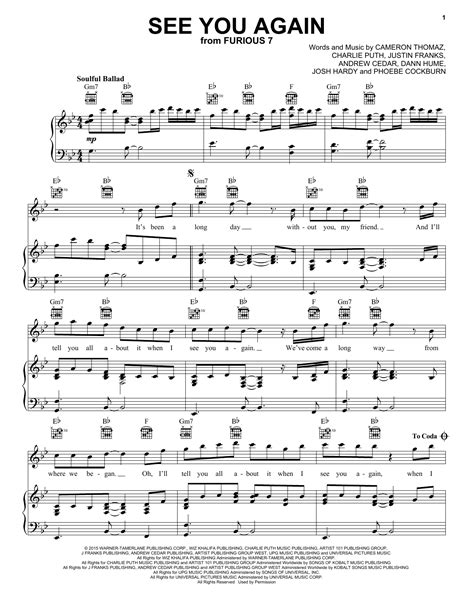 Wiz Khalifa feat. Charlie Puth "See You Again" Sheet Music Notes, Chords | Clarinet Download Pop ...