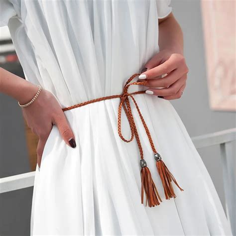 New Fashion Ladies Long Belts PU Braided Hand woven Belt Tassels Pendant Waist Ropes Knotted Bow ...