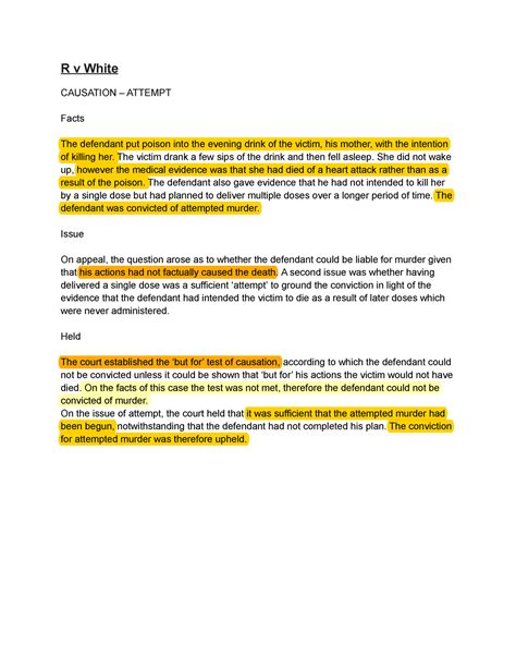 Actus REUS Cases - Case Summaries - R v White CAUSATION – ATTEMPT Facts The defendant put poison ...