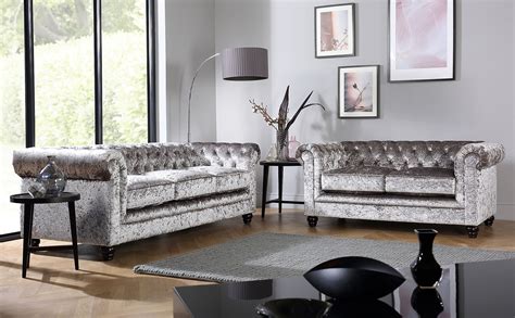 Hampton Silver Crushed Velvet 3+2 Seater Chesterfield Sofa Set