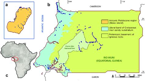 Map of Equatorial Guinea with the location of the surveyed points. Note ...