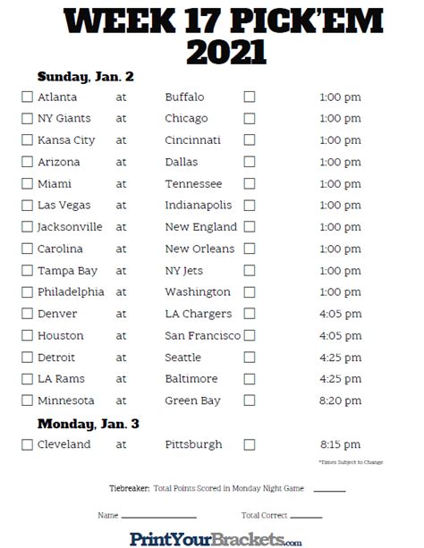 Nfl Schedule Week 17 Printable - Printable Schedule