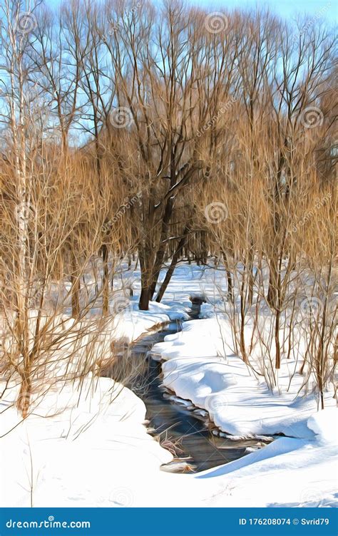 Winter Watercolor Landscape. Forest Stream in the Winter Forest. Snow, Snowdrifts. Travel ...